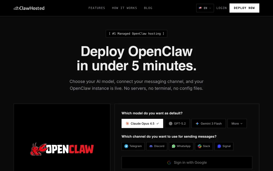 ClawHosted homepage